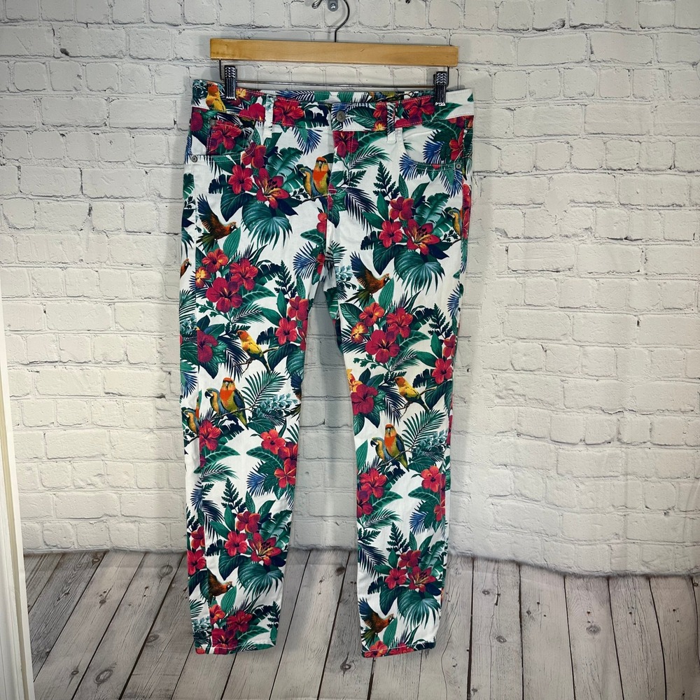 Tommy Bahama Denim Tropical Parrot Floral Skinny Jeans White‎ TW115190 Womens 10